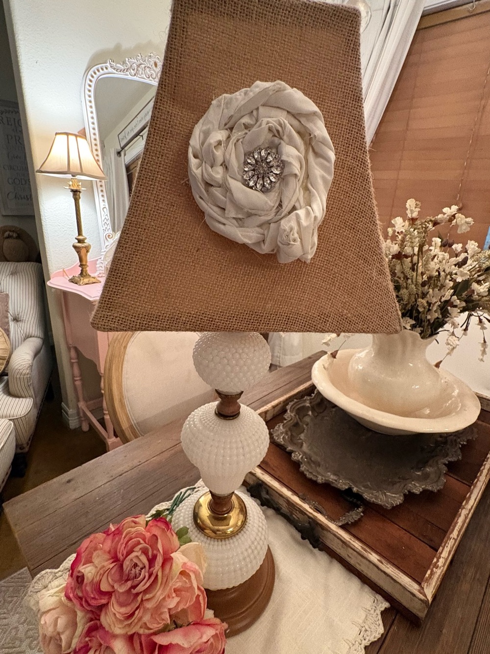 Elegant Cream Burlap Table Lamp with Floral Accent.  Vintage milk glass
